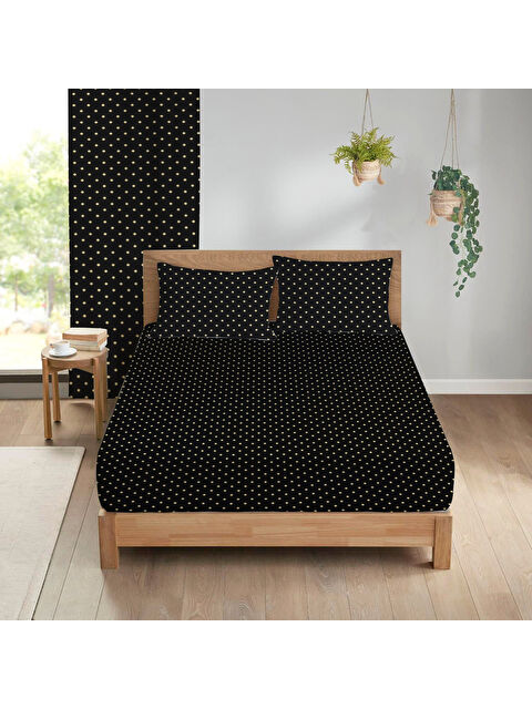 Evmila Puantiye Desenli Baskılı 180x200 Çift Kişilik Lastikli Çarşaf Seti Siyah - S000291109-23173