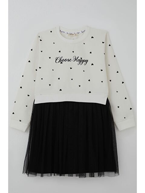 Breeze Kız Çocuk Uzun Kollu Elbise Kalp Desenli Yazı Baskılı Ekru (4-8 Yaş) - S000527152-19965