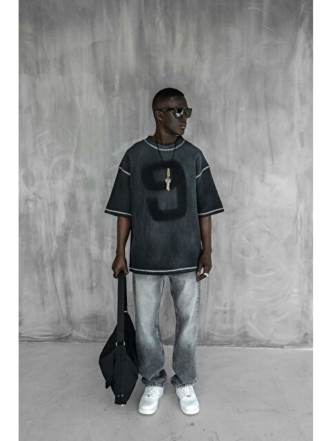 Abluka Online Erkek Dikiş Detaylı Waffle Kumaş Oversize Tişört Siyah - S000362437-19351