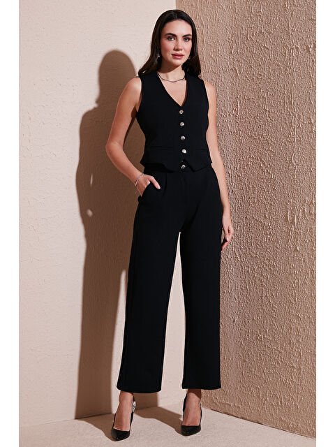 Lela Regular Fit Yüksek Bel Bol Paça V Yaka Yelekli Takım 5866199 - S000355458-19351