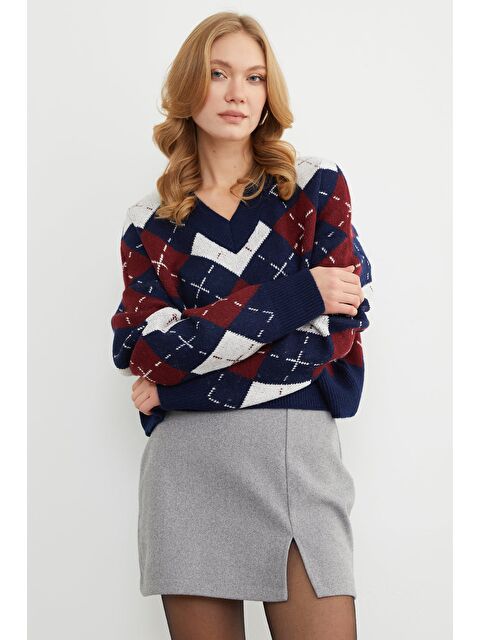 Fullamoda Baklava Desenli V Yaka Triko Kazak - S000490929-21164