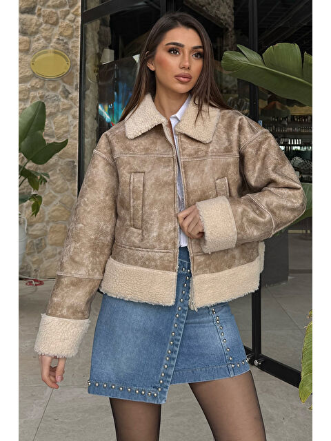 Gülseli Kadın Pelüş Detaylı Mont - S000326413-19928