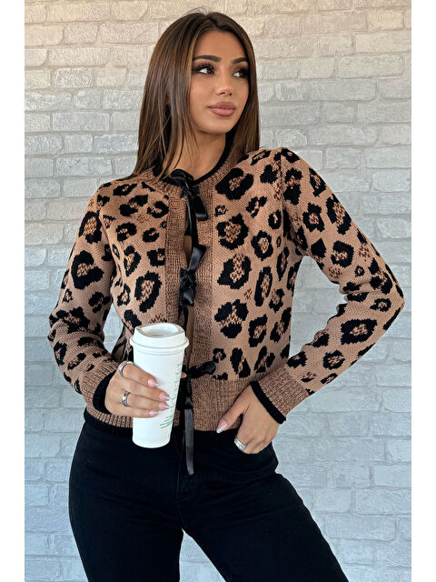 Gülseli Leopar Desenli Kurdele Detaylı Triko Ceket - S000326414-19351