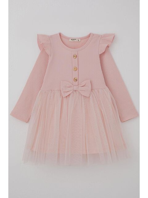 Breeze Kız Çocuk Uzun Kollu Elbise Omzu Fırfır Detaylı Fiyonklu Pudra (3-8 Yaş) - S000489221-7152