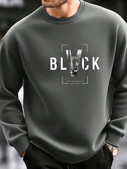 Trendseninle Füme Black Baskılı Bisiklet Yaka Sweatshirt - S000492729-33408