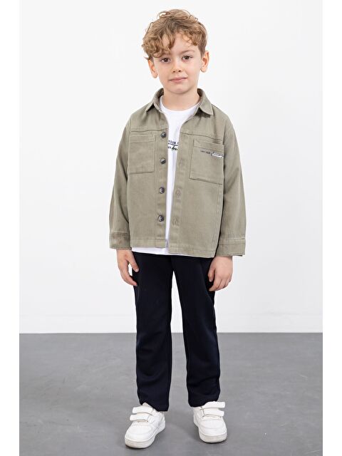 Cansın Mini Haki Yazılı Düğmeli Gömlekli Erkek Çocuk Pantolonlu 3lü Takım 23372 - S000492716-18547