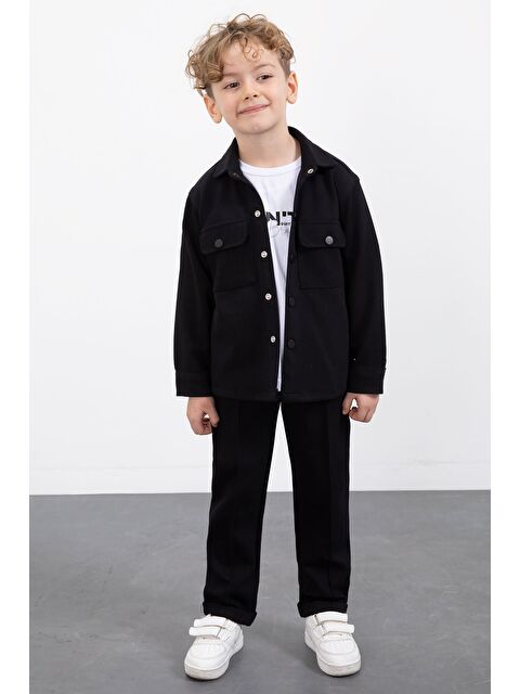 Cansın Mini Siyah Çıtçıtlı Gömlekli Erkek Çocuk 3lü Tişörtlü Takım 23378 - S000492720-19351