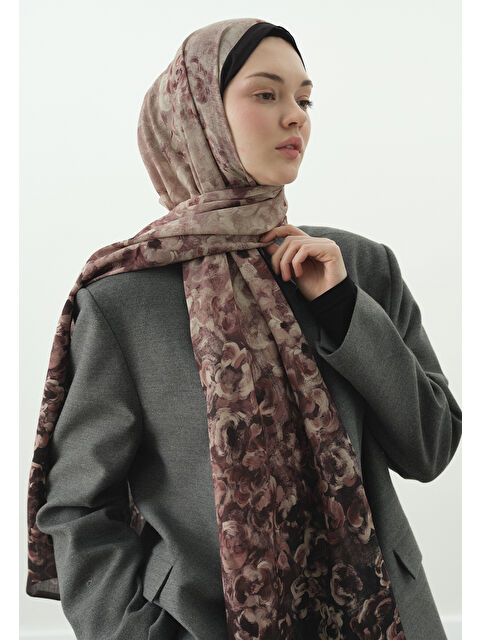 Fresh Scarfs PEARLIE DESENLİ PAMUK VİSKON ŞAL MÜRDÜM - S000514090-20036