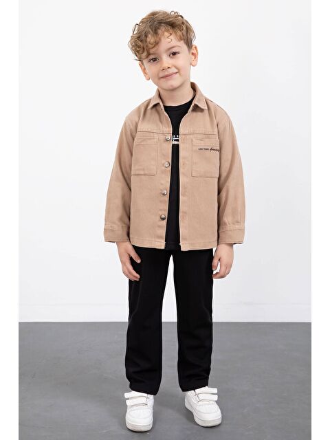 Cansın Mini Kahverengi Yazılı Düğmeli Gömlekli Erkek Çocuk Pantolonlu 3lü Takım 23371 - S000492716-19413