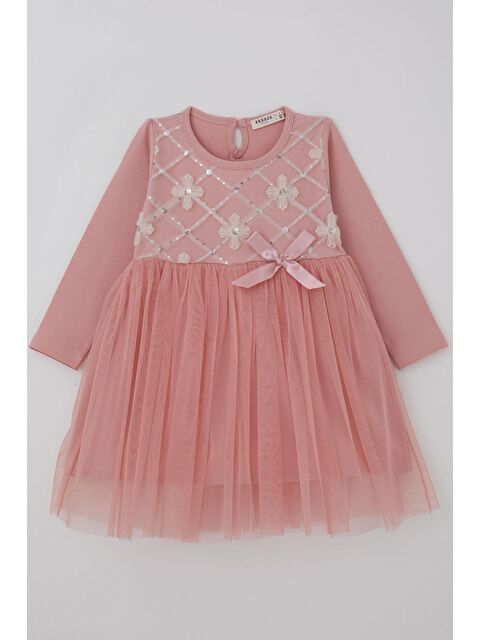 Breeze Kız Çocuk Uzun Kollu Elbise Pullu Tüllü Çiçek Aksesuarlı Gülkurusu (1.5-5 Yaş) - S000527090-20028