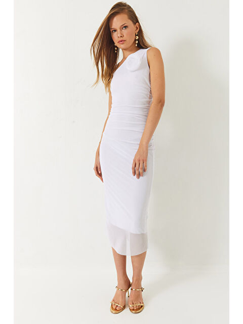 SHADE Kadın Astarlı Seyyar Gül Aksesuarlı Midi Boy Tül Elbise - S000376442-20063