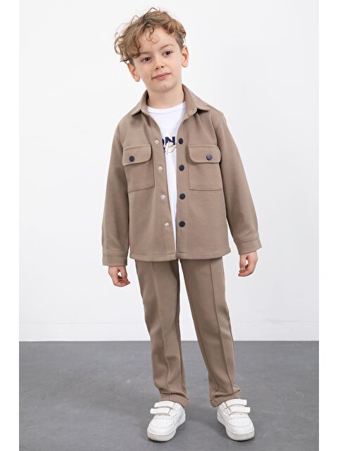 Cansın Mini Kahverengi Çıtçıtlı Gömlekli Erkek Çocuk 3lü Tişörtlü Takım 23382 - S000492720-19413