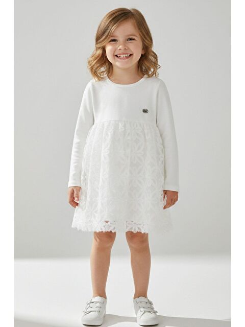 Breeze Kız Çocuk Uzun Kollu Elbise Etek Kısmı Organze Kabartmalı Çiçek Tül Detaylı Ekru (3-7 Yaş) - S000527153-19965