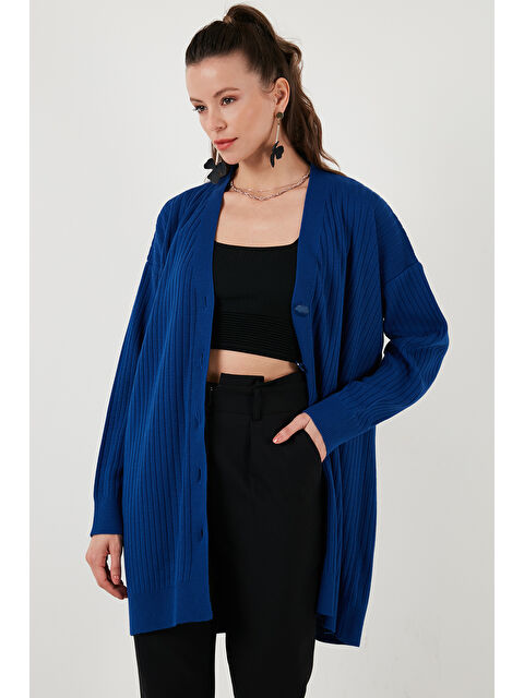 Lela V Yaka Düğmeli Uzun Triko Kadın Hırka 4616040Y - S000243017-29672