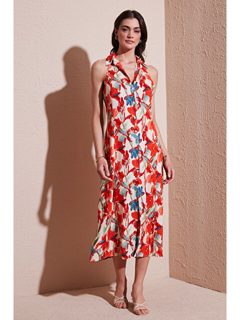 Lela Desenli Slim Fit Düğmeli Midi Boy Kadın Gömlek Elbise 6772451 - S000348229-20013