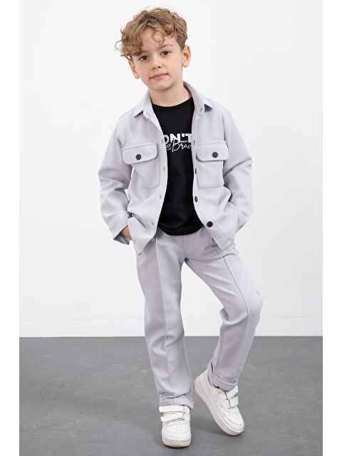 Cansın Mini Gri Çıtçıtlı Gömlekli Erkek Çocuk 3lü Tişörtlü Takım 23381 - S000492720-20600