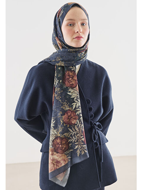 Fresh Scarfs SOFT HIBISCUS DESENLİ PAMUK VİSKON ŞAL İNDİGO - S000514094-23093