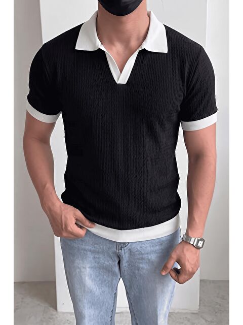Oksit Cube Erkek Slim Fit Jakarlı Polo Yaka Triko Tişört - Kontrast Şeritli Örme Buklet