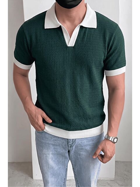 Oksit Cube Erkek Slim Fit Jakarlı Polo Yaka Triko Tişört - Kontrast Şeritli Örme Buklet