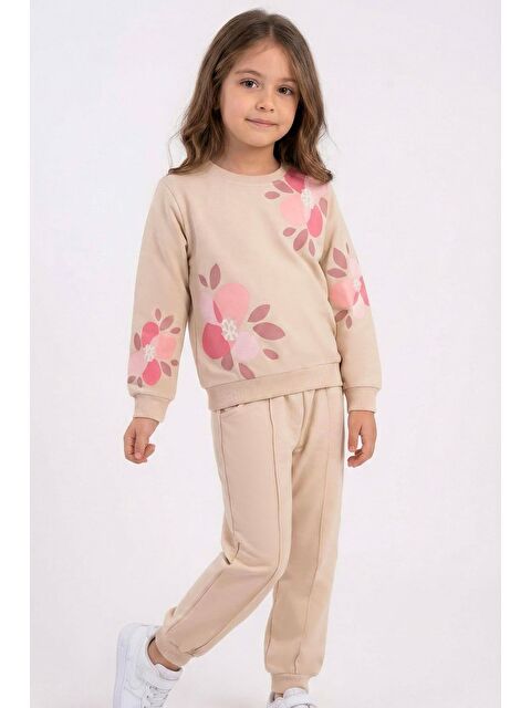Breeze Kız Çocuk Eşofman Takımı Çiçek Baskılı Pantolonu Çima Dikiş Detaylı Bej (3-7 Yaş)