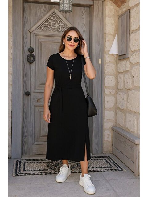 Jane's Kadın Kısa Kollu Yuvarlak Yaka Belden Bağcıklı önden Yırtmaçlı Aerobin Elbise - S000528713-19351