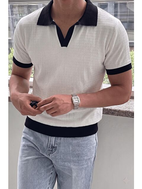 Oksit Cube Erkek Slim Fit Jakarlı Polo Yaka Triko Tişört - Kontrast Şeritli Örme Buklet