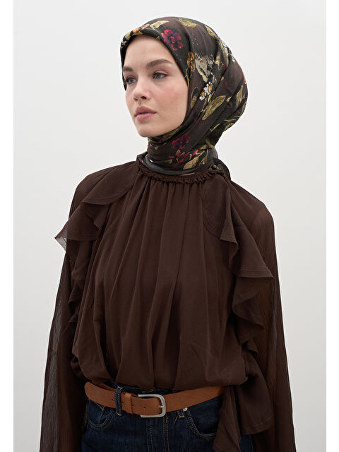 Fresh Scarfs Flower Rain Desen Pamuklu Viskon Eşarp Acı Kahve - S000458579-28102