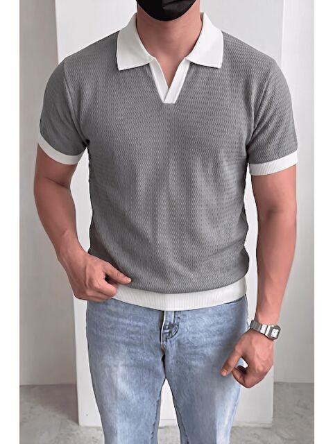 Oksit Cube Erkek Slim Fit Jakarlı Polo Yaka Triko Tişört - Kontrast Şeritli Örme Buklet