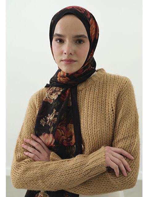 Fresh Scarfs ROSINE DESENLİ PAMUK VİSKON ŞAL SİYAH - S000514091-19351