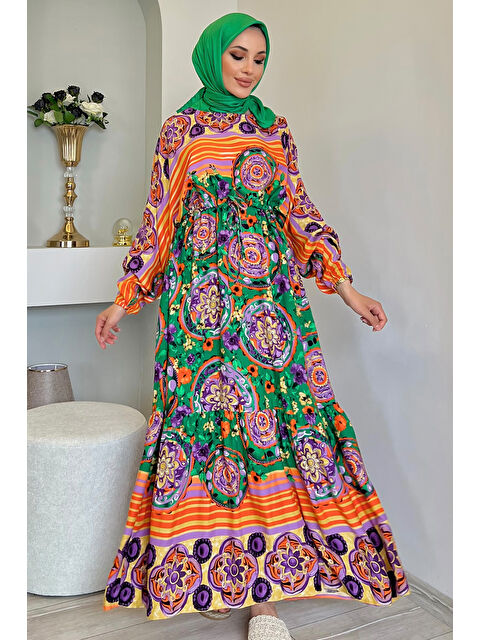 Julude Yarasa Kol Bel Bağlamalı Desenli Tesettür Viskon Elbise - S000227738-6388