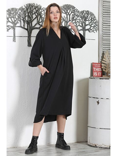 Chiccy Siyah V Yaka Düğmeli Uzun Kollu Gizli Cepli Casual Uzun Dokuma Elbise - S000359092-19351