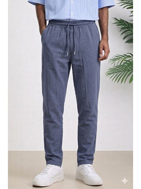 Tarz Cool Lacivert Renk Erkek Yazlık Keten Karışımı Relaxed Pantolon