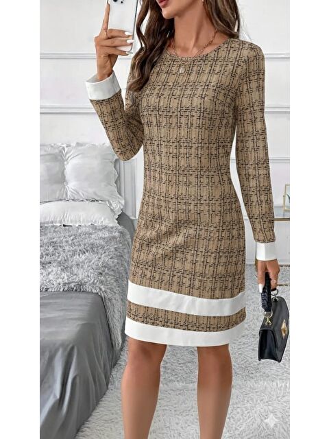 Jane's Kadın Uzun Kollu Yuvarlak Yaka Etek Ucu şerit Detaylı Mini Dokuma Elbise - S000528544-19928