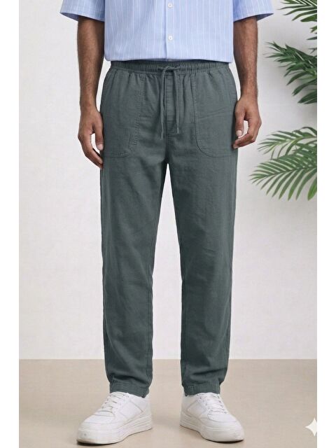 Tarz Cool Lacivert Renk Erkek Yazlık Keten Karışımı Relaxed Pantolon