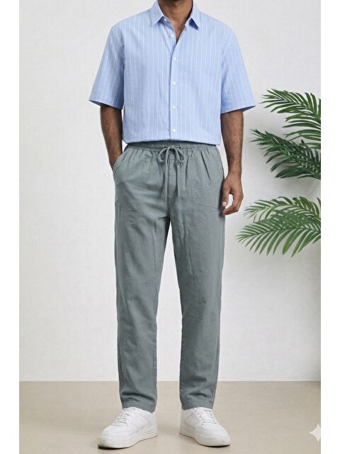Tarz Cool Lacivert Renk Erkek Yazlık Keten Karışımı Relaxed Pantolon