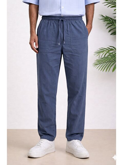 Tarz Cool Lacivert Renk Erkek Yazlık Keten Karışımı Relaxed Pantolon