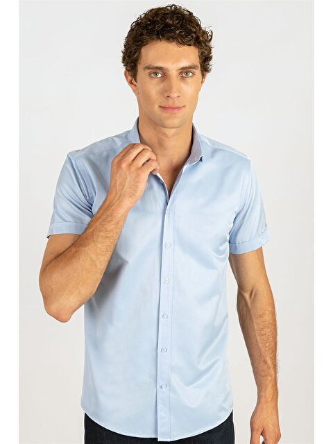 TUDORS Modern Slim Fit Kısa Kollu Kravat Yaka Mavi Gömlek