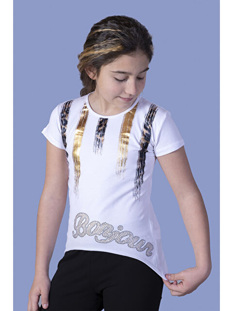 Toontoykids Kız Çocuk Varak Baskılı Taş İşlemeli Tişört