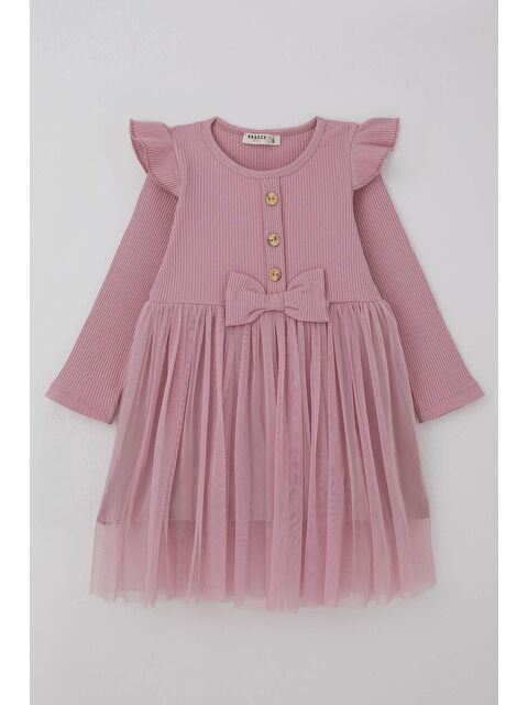 Breeze Kız Çocuk Uzun Kollu Elbise Omzu Fırfır Detaylı Fiyonklu Gülkurusu (3-8 Yaş) - S000489221-20028