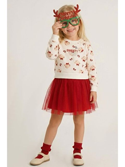 Breeze Kız Çocuk Uzun Kollu Elbise Fiyonklu Sevimli Ayıcık Desenli Ekru (2-6 Yaş) - S000527154-19965