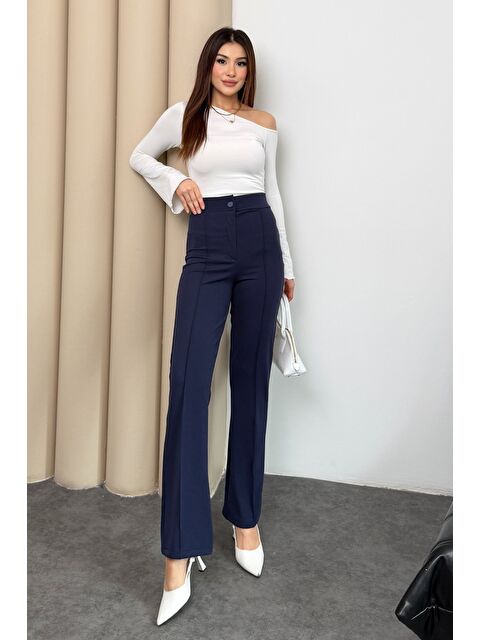 Mmetalic Kadın Yüksek Bel Düğmeli Fermuarlı Elastanlı Lacivert Düz Rahat Nervürlü Palazzo Pantolon