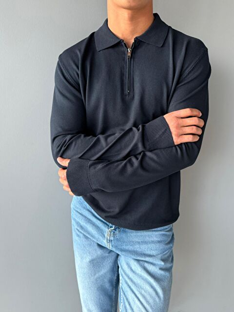 Abluka Online Erkek Yarım Fermuarlı Polo Yaka Triko Kazak Lacivert - S000314988-21164