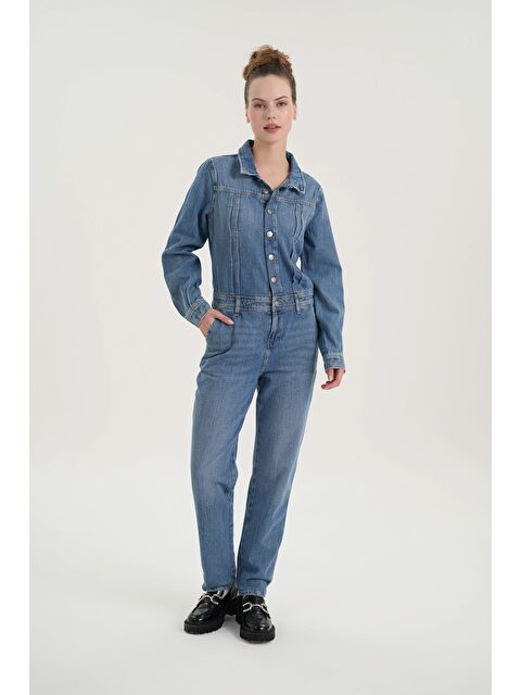 Cross Jeans Orta Mavi Patı Düğmeli Jean Tulum C 4535-043 - S000115550-21983