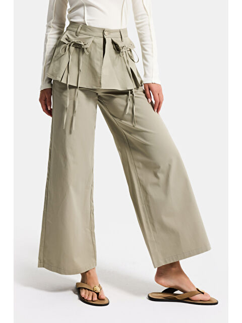 It's Basic Kadın Haki Yeşil w5 Straight Fit Bol Kesim Kemer Detaylı Özel Tasarım Pantolon
