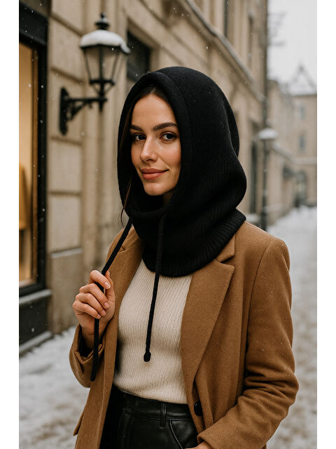 Luminos Butik Kadın Triko Siyah Balaklava Boyunluk Şapka BYN05 - S000464968-19351