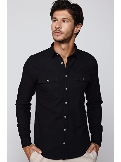 TUDORS Erkek Slim Fit Dar Kesim Uzun Kollu %100 Pamuk Keten Doku Çift Cep Spor Yaka Siyah Gömlek