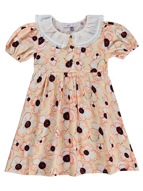 Zeyneva Timo Beyaz Yakalı Çiçekli Elbise 6-9 Yaş - Turuncu
