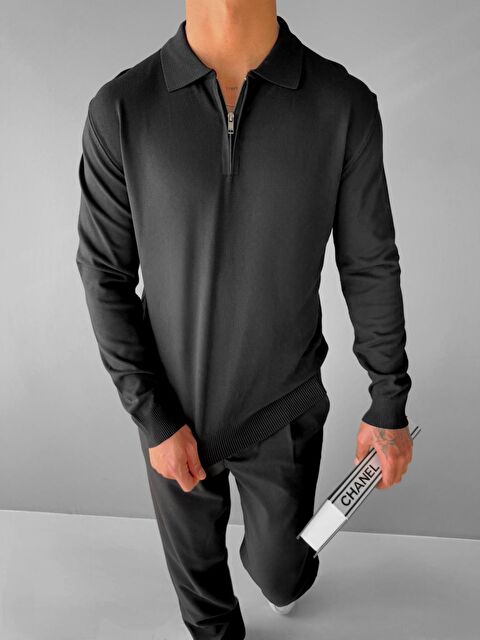Abluka Online Erkek Yarım Fermuarlı Polo Yaka Triko Kazak Siyah - S000314988-19351