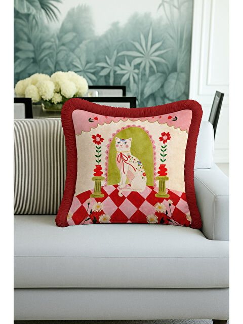 Milbay Grup Vintage Saçaklı Yastık Kılıfı - Kedi Figürlü Retro Çiçekli Kırmızı Püsküllü Kırlent Kılıfı