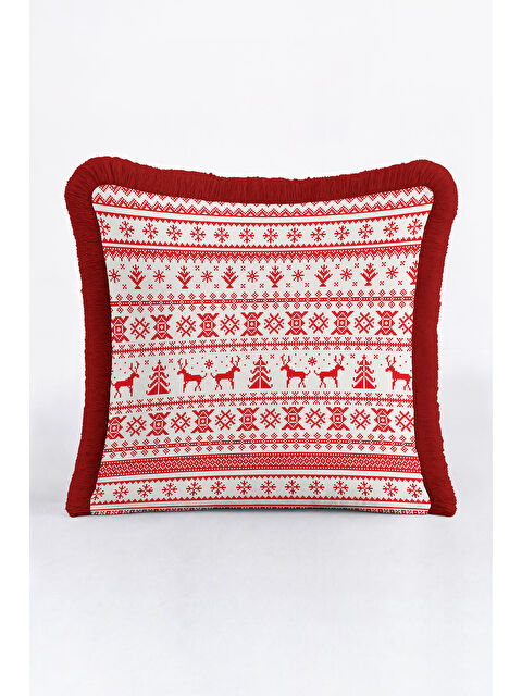 Milbay Grup Nordik Noel Saçaklı Yastık Kılıfı - Geyikli Kış Temalı İskandinav Kırmızı Püsküllü Kırlent Kılıfı